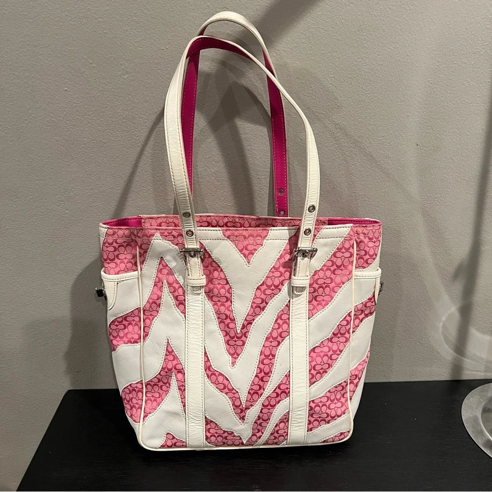 Coach Rare Limited Edition Pink White Zebra Patchwork Tote Shoulder Bag Purse